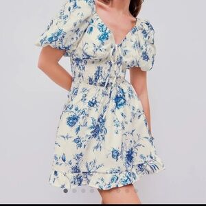 White and blue floral short sleeve dress